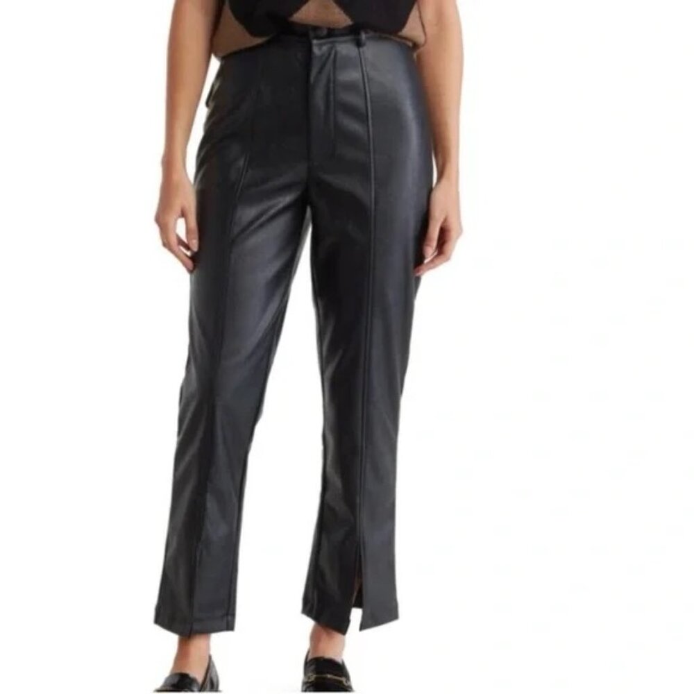 Wildfox Womens Faux Leather Pants Size Small High Waisted Straight Leg Split Hem